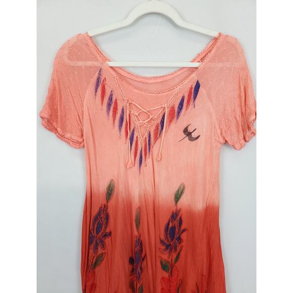 Asymmetrical Dress Boho Hippie Watercolor Ombre Peach Rust Floral Embroidered M - Picture 11 of 15